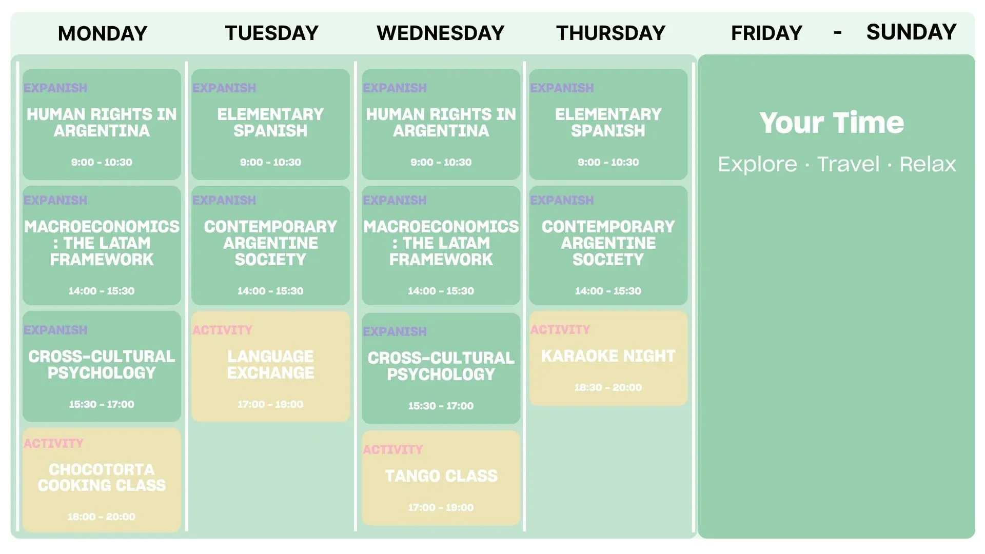 Schedules vary for each student, this is just an example