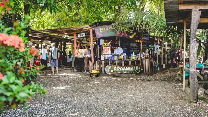 Outdoor market in Costa Rica with small food stands surrounded by tropical greenery.