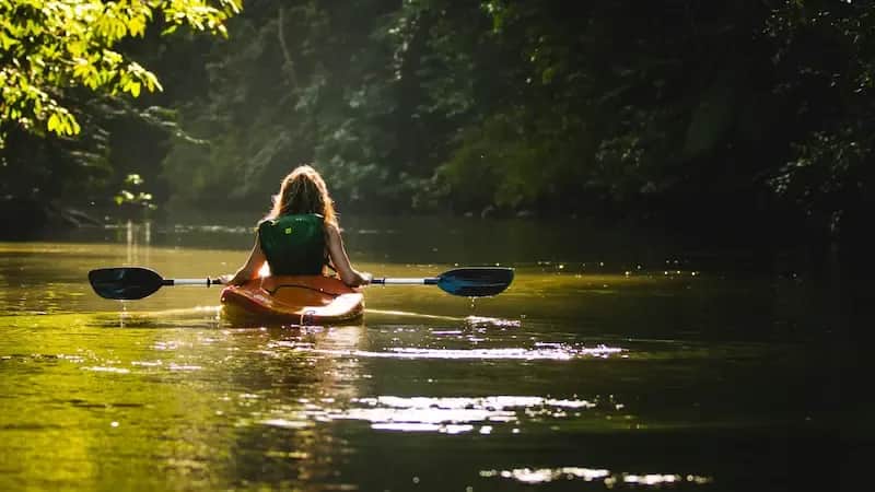 Student kayaking through a calm river surrounded by lush forest in Costa Rica.