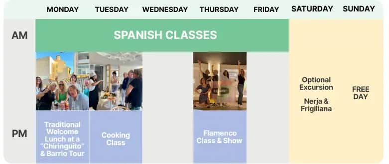 Weekly schedule graphic for the 50+ Program in Málaga showing classes and cultural activities.