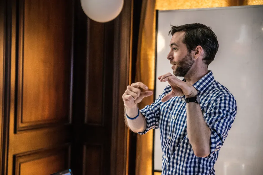 Murphy gives a student orientation talk