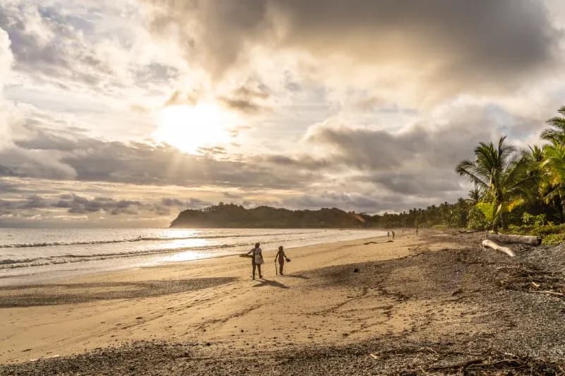 Wide view of a Costa Rica beach with palm trees, shoreline, and people walking at sunset.